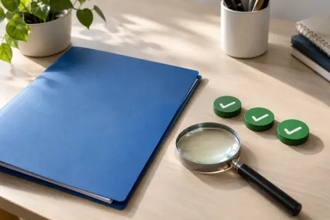 Dossier bleu, loupe et repères de contrôle verts