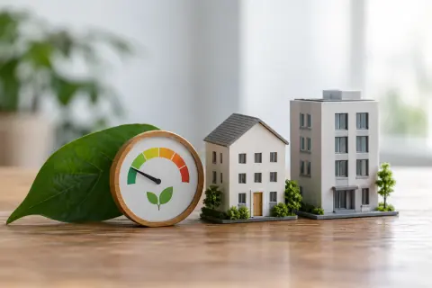 Maquettes de bâtiments, feuille et appareil de mesure
