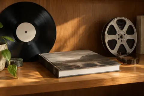 Disque vinyle, livre d’art et bobine de film