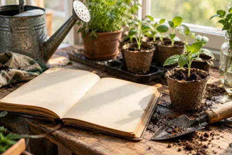 Carnet de jardin et jeunes plants près d’une fenêtre