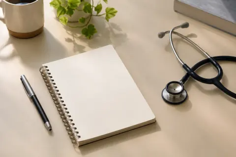 Carnet vierge, stylo et stéthoscope sur une table