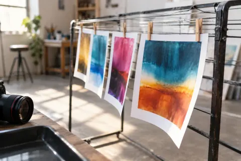 Tirages photographiques abstraits sur un séchoir